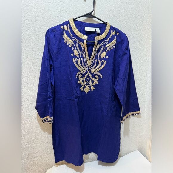 Chicos Top 1M Gold Beaded Embroidered Polka Dot Embellished Statement Boho Gypsy - Picture 1 of 7